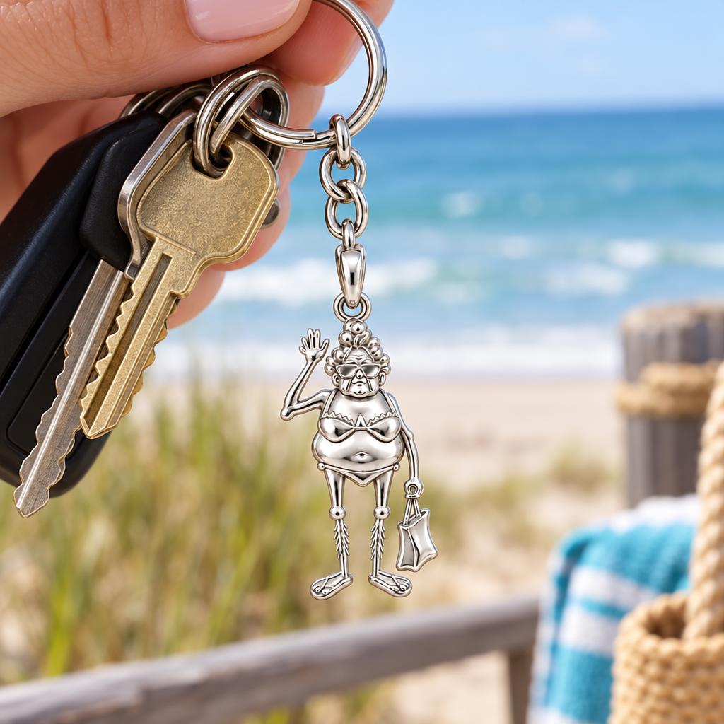 Beach Day Granny Charm Keychain – worn / in use