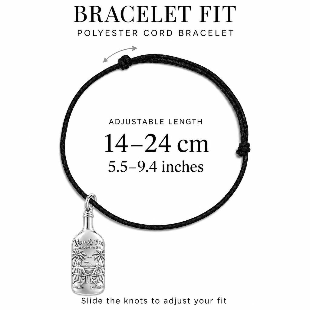 Beach Sunset Bottle Charm Bracelet – Personalized Couple Gift – adjustable black cord bracelet, 14–24 cm