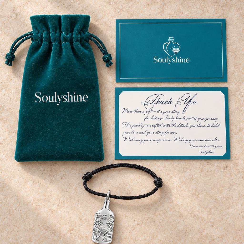 Beach Sunset Bottle Charm Bracelet – Personalized Couple Gift – Soulyshine velvet pouch and gift card