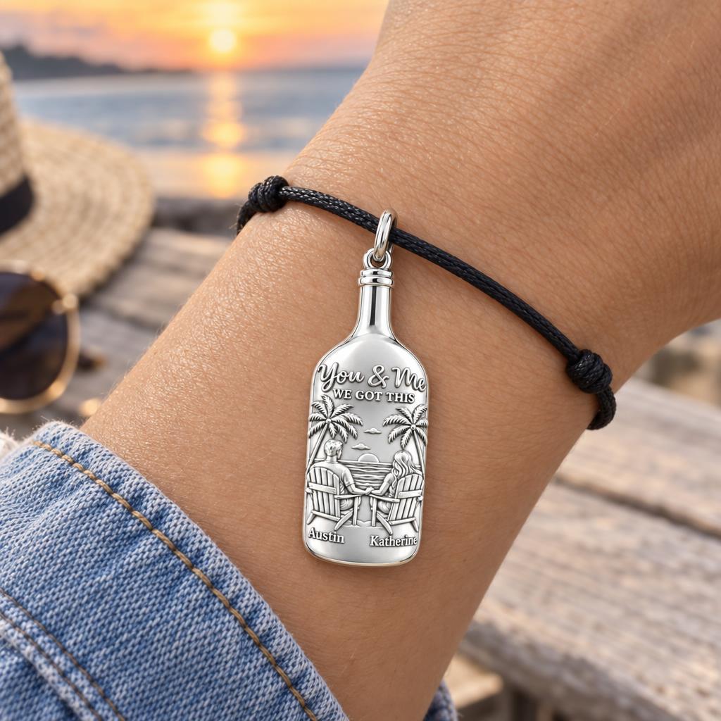 Beach Sunset Bottle Charm Bracelet – Personalized Couple Gift – worn on the wrist on a black cord bracelet