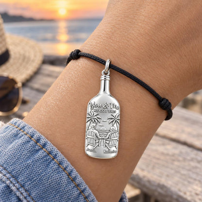 Beach Sunset Bottle Charm Bracelet – Personalized Couple Gift – worn on the wrist on a black cord bracelet