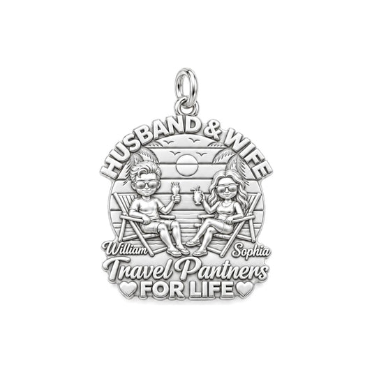 Beach Travel Partners Charm Bracelet – Personalized Couple Gift – silver plated 3 cm charm, front view