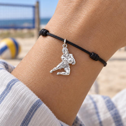 Beach Volleyball Pro Charm Bracelet – Personalized Athlete Gift – worn on the wrist on a black cord bracelet