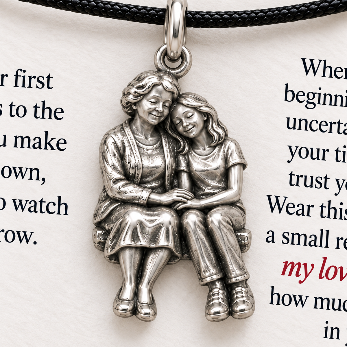 Grandma's Listening Charm: Confidence Through Her Love — Macro detail, silver finish