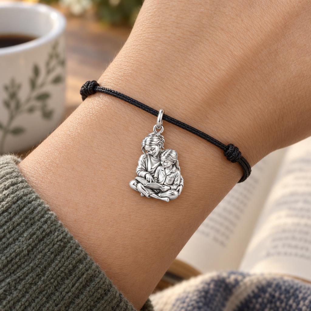 Bedtime Story Reading Charm Bracelet – Personalized Mom Gift – worn on the wrist on a black cord bracelet