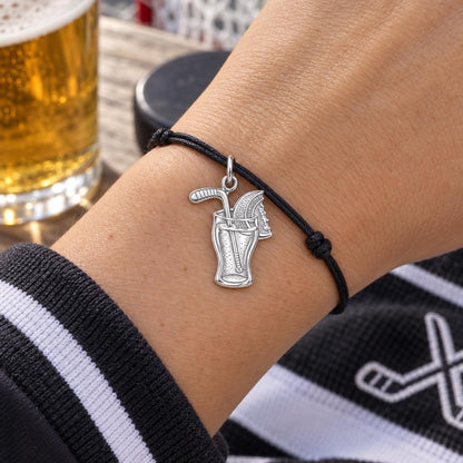 Beer Hockey Pint Charm Bracelet – Personalized Athlete Gift – worn on the wrist on a black cord bracelet
