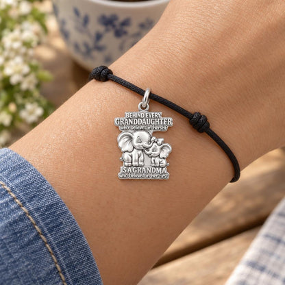Believing Grandma Elephant Charm Bracelet – Personalized – worn on the wrist on a black cord bracelet