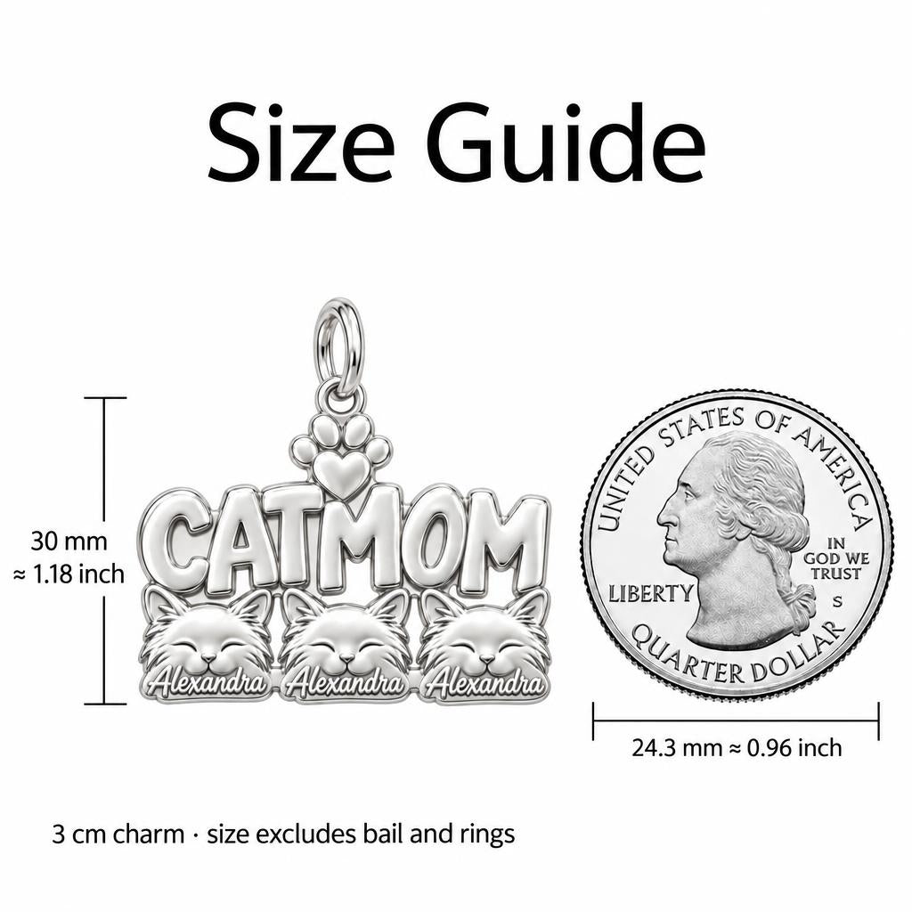 Beloved Cat Mom Charm Bracelet – Personalized Cat Mom Gift – size guide, 3 cm charm next to a quarter