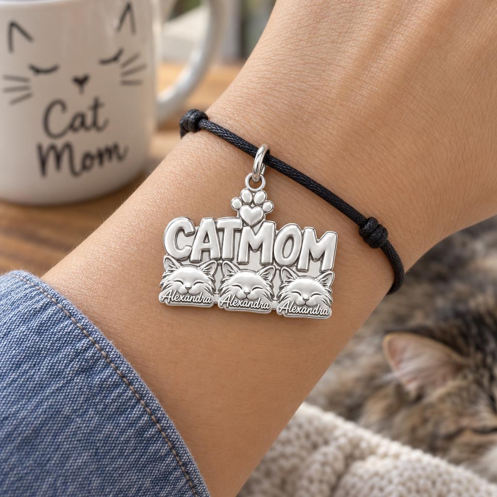 Beloved Cat Mom Charm Bracelet – Personalized Cat Mom Gift – worn on the wrist on a black cord bracelet