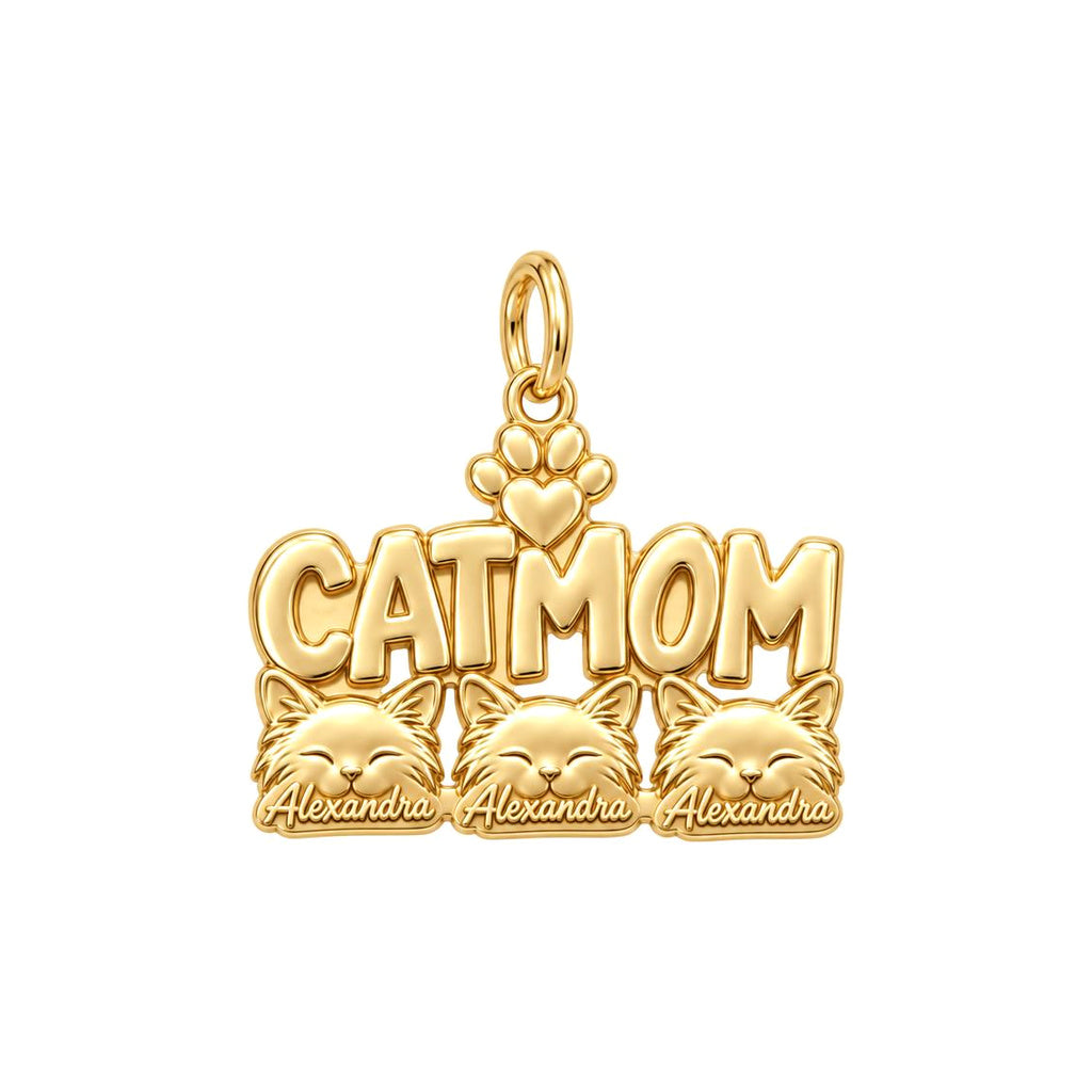 Beloved Cat Mom Charm Bracelet – Personalized Cat Mom Gift – 18K gold plated 3 cm charm, front view