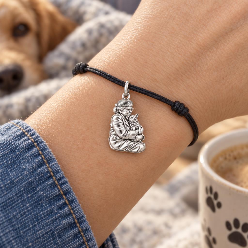 Beloved Companion Portrait Charm Bracelet – Personalized Mom Gift – worn on the wrist on a black cord bracelet