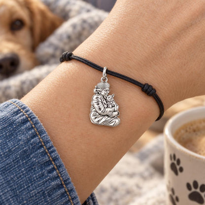 Beloved Companion Portrait Charm Bracelet – Personalized Mom Gift – worn on the wrist on a black cord bracelet