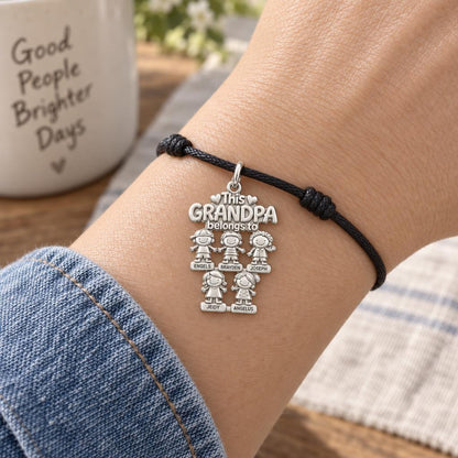 Beloved Grandkids Charm Bracelet – Personalized Grandpa Gift – worn on the wrist on a black cord bracelet
