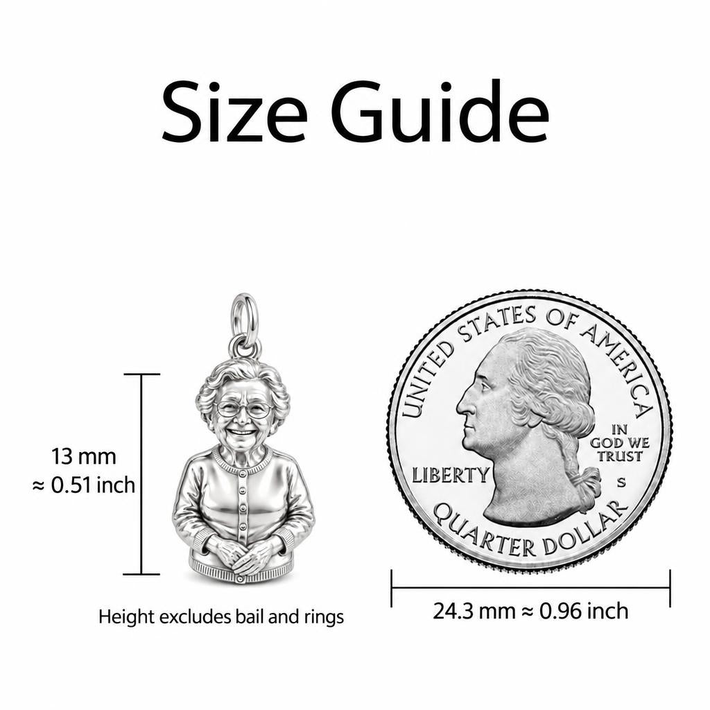 Beloved Matriarch Portrait Charm Bracelet – Personalized Nana Gift – size guide, 13 mm charm next to a quarter