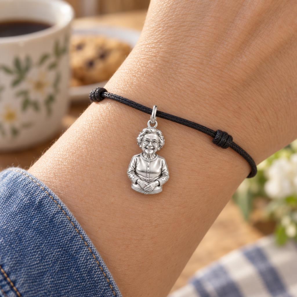 Beloved Matriarch Portrait Charm Bracelet – Personalized Nana Gift – worn on the wrist on a black cord bracelet