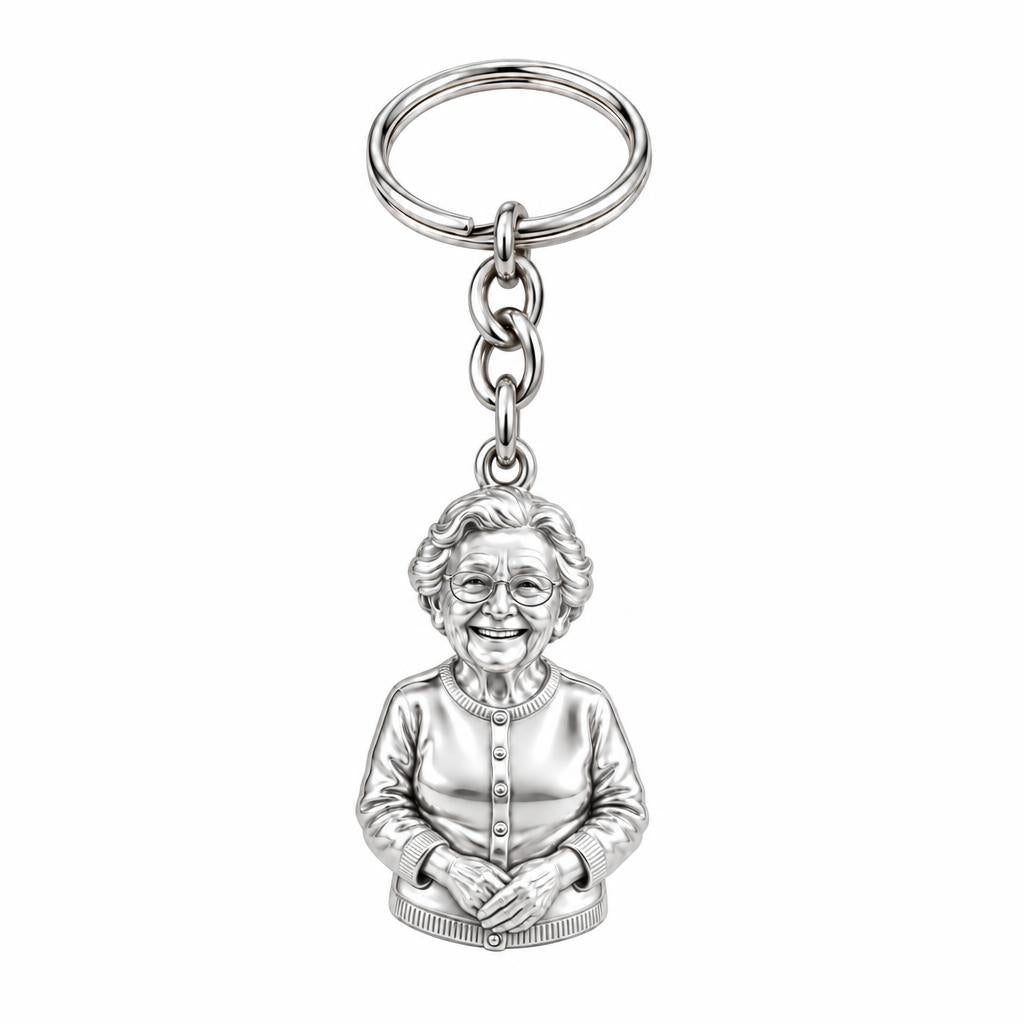 Beloved Matriarch Portrait Charm Keychain – silver, front view