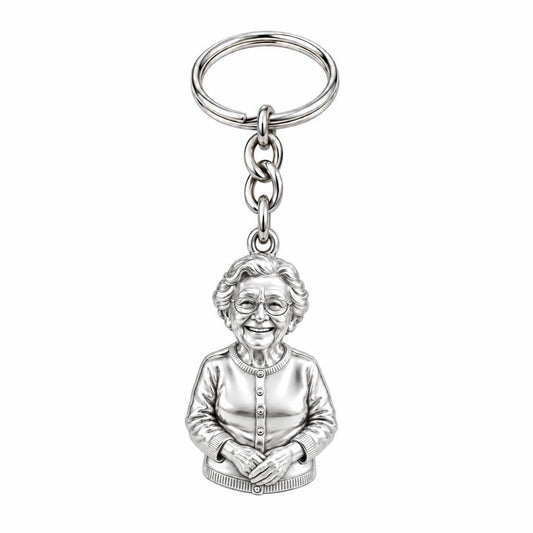 Beloved Matriarch Portrait Charm Keychain – silver, front view