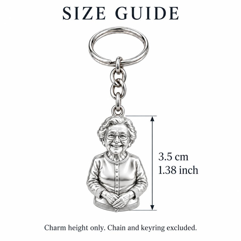 Beloved Matriarch Portrait Charm Keychain – size guide, 3.5 cm (1.38 in) charm, chain and keyring excluded