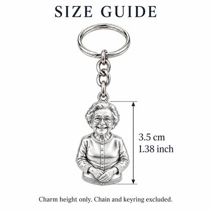 Beloved Matriarch Portrait Charm Keychain – size guide, 3.5 cm (1.38 in) charm, chain and keyring excluded