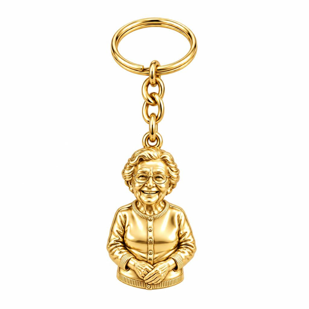 Beloved Matriarch Portrait Charm Keychain – 18K gold, front view