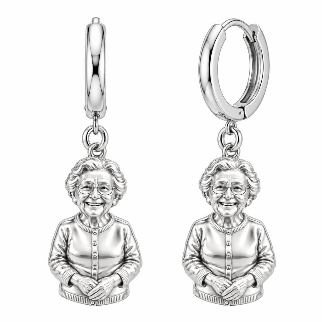 Beloved Matriarch Portrait Huggie Charm Earrings – silver, front view