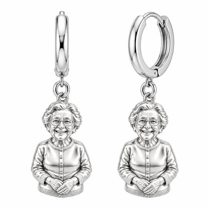 Beloved Matriarch Portrait Huggie Charm Earrings – silver, front view