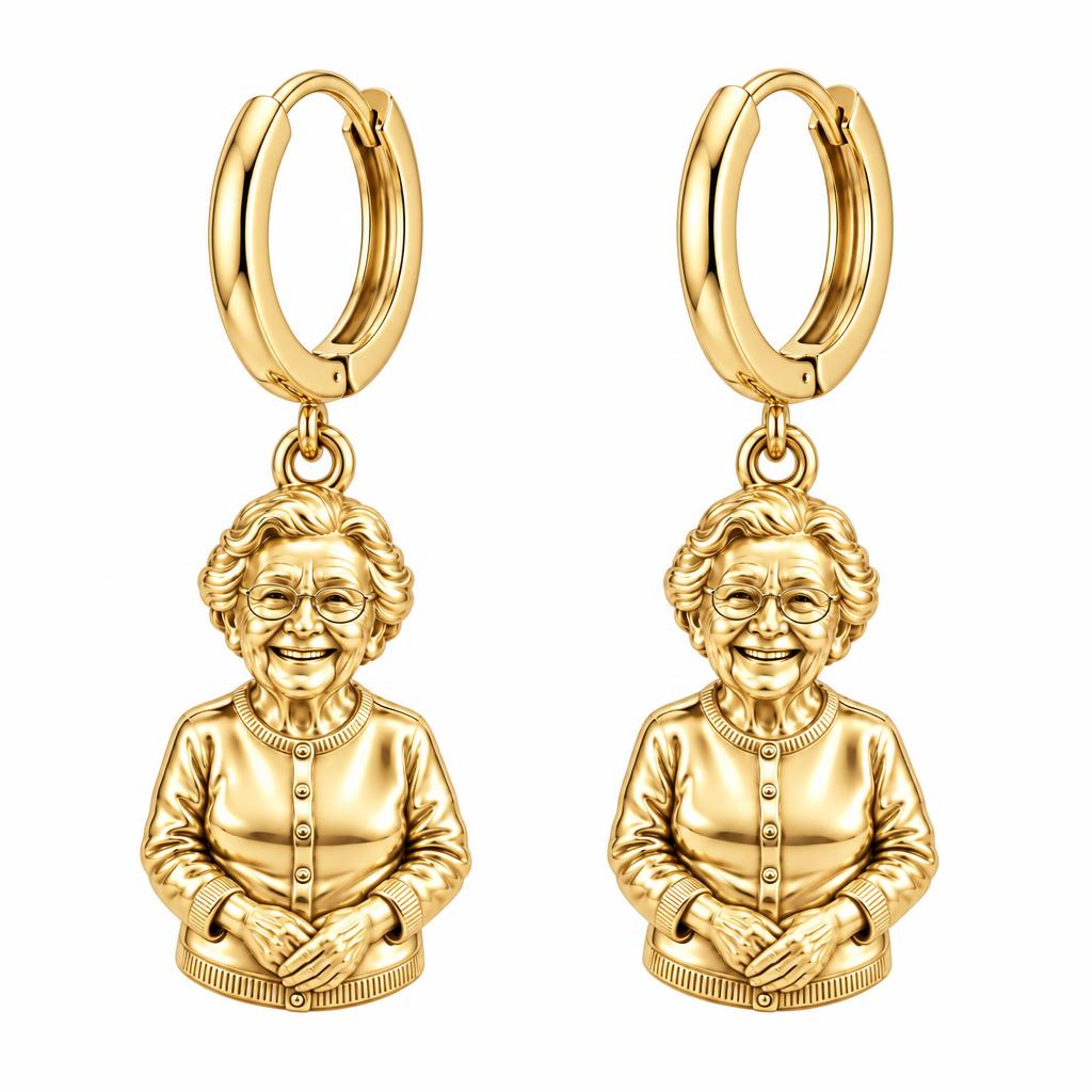 Beloved Matriarch Portrait Huggie Charm Earrings – 18K gold, front view