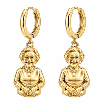 Beloved Matriarch Portrait Huggie Charm Earrings – 18K gold, front view