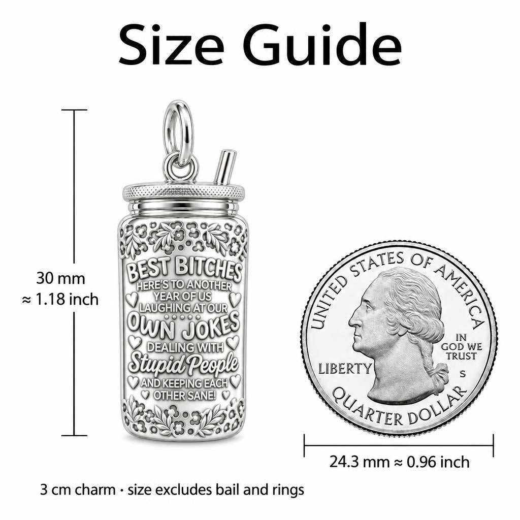 Best Bitches Tumbler Charm Bracelet – Personalized Bestie Gift – size guide, 3 cm charm next to a quarter