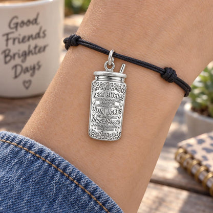 Best Bitches Tumbler Charm Bracelet – Personalized Bestie Gift – worn on the wrist on a black cord bracelet