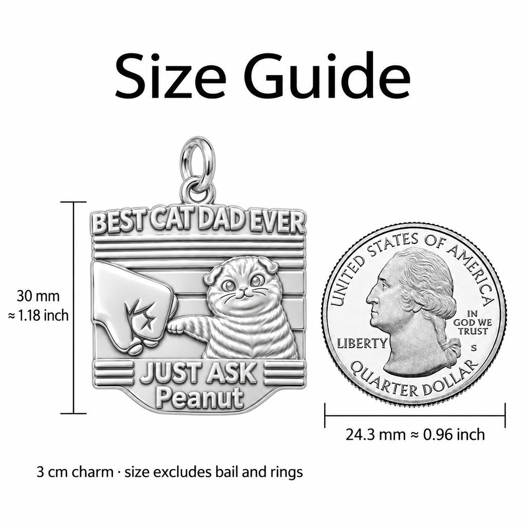 Best Cat Dad Fist Bump Charm Bracelet – Personalized Dad Gift – size guide, 3 cm charm next to a quarter