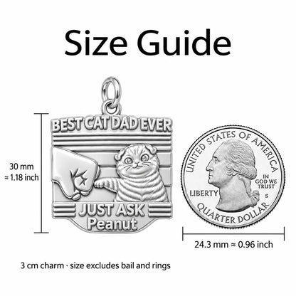 Best Cat Dad Fist Bump Charm Bracelet – Personalized Dad Gift – size guide, 3 cm charm next to a quarter