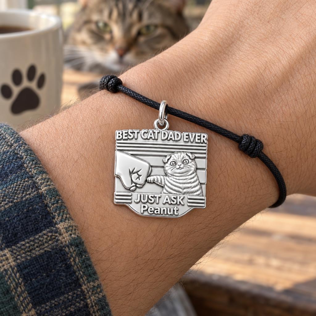 Best Cat Dad Fist Bump Charm Bracelet – Personalized Dad Gift – worn on the wrist on a black cord bracelet