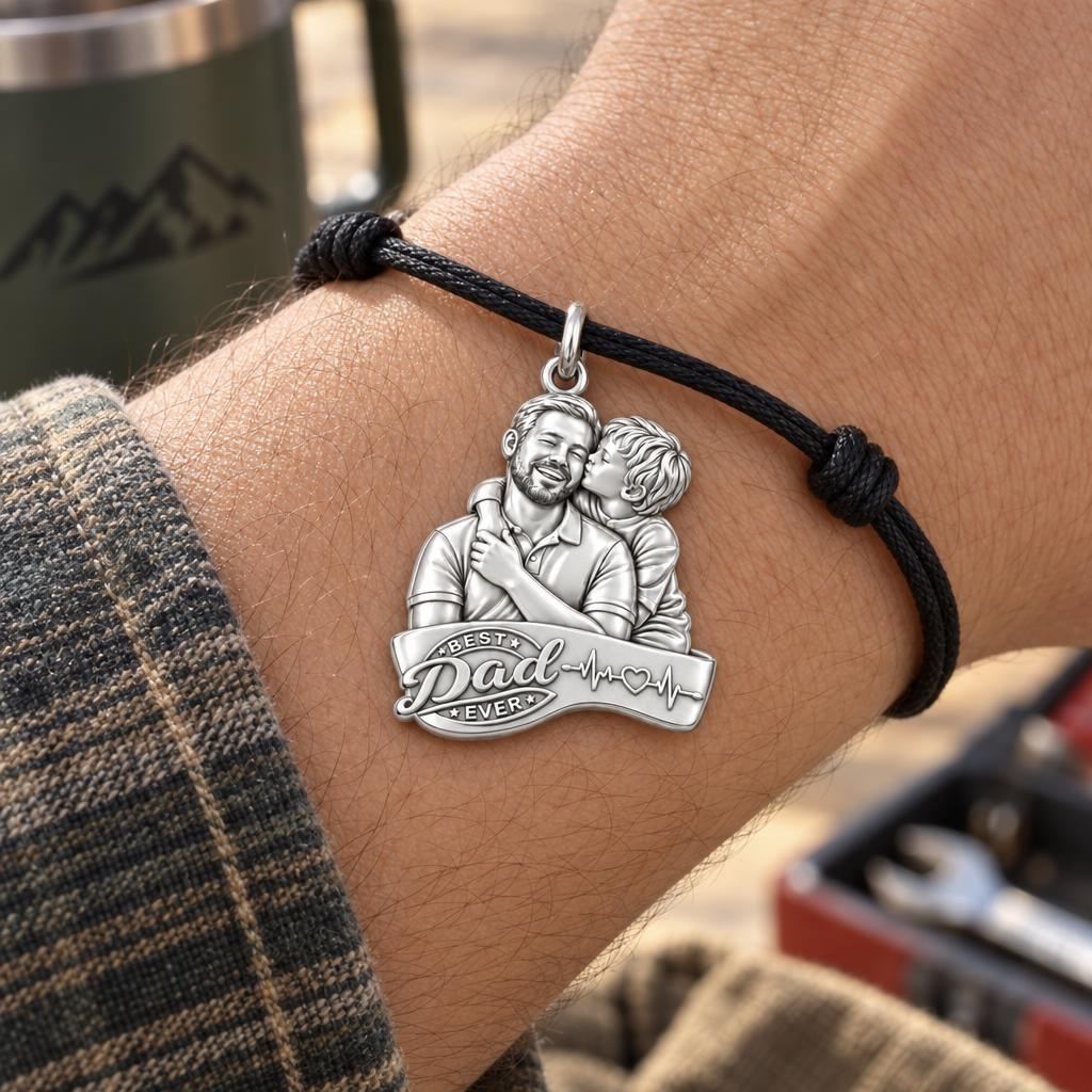 Best Dad Ever Portrait Charm Bracelet – Personalized Dad Gift – worn on the wrist on a black cord bracelet
