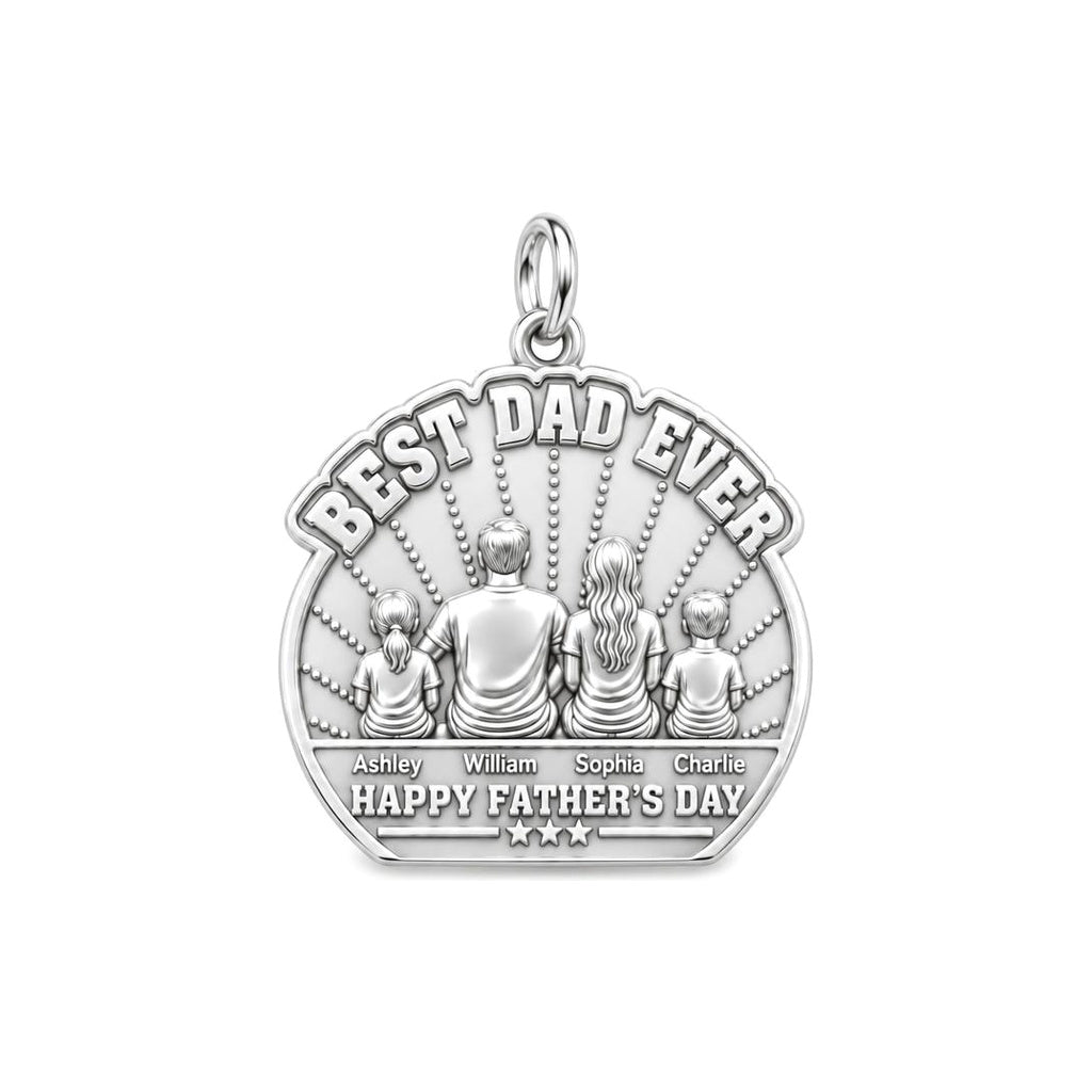Best Dad Family Sunburst Charm Bracelet – Personalized Dad Gift – silver plated 3 cm charm, front view