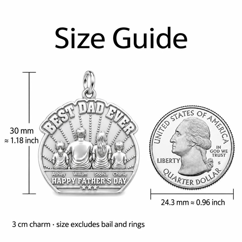 Best Dad Family Sunburst Charm Bracelet – Personalized Dad Gift – size guide, 3 cm charm next to a quarter