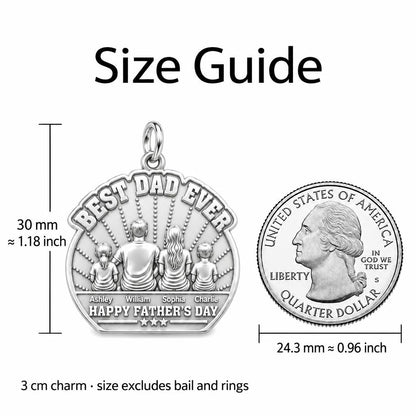 Best Dad Family Sunburst Charm Bracelet – Personalized Dad Gift – size guide, 3 cm charm next to a quarter