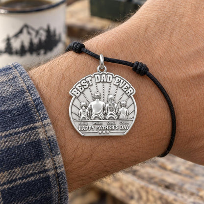 Best Dad Family Sunburst Charm Bracelet – Personalized Dad Gift – worn on the wrist on a black cord bracelet