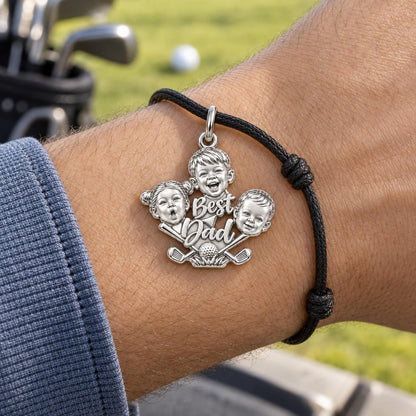 Best Dad Golf Pro Charm Bracelet – Personalized Dad Gift – worn on the wrist on a black cord bracelet