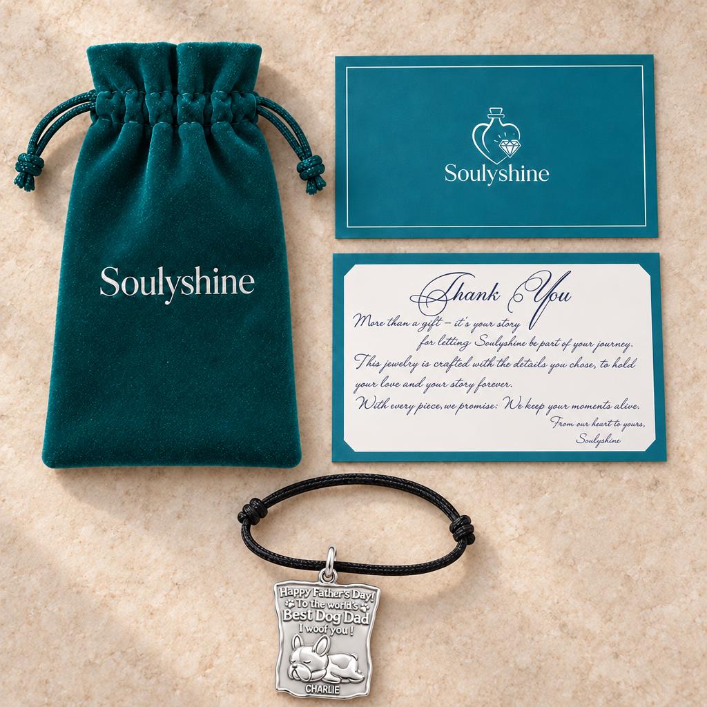 Best Dog Dad Charm Bracelet – Personalized Dog Dad Gift – Soulyshine velvet pouch and gift card