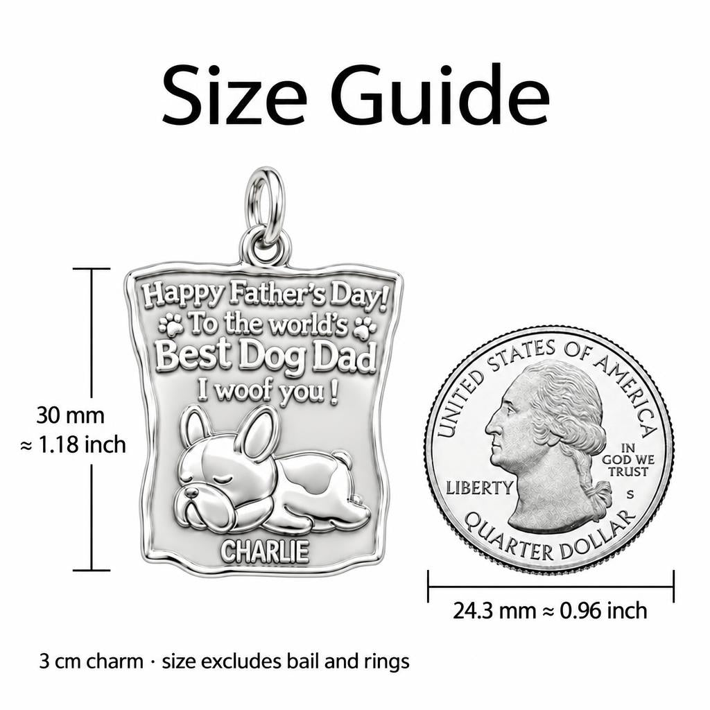 Best Dog Dad Charm Bracelet – Personalized Dog Dad Gift – size guide, 3 cm charm next to a quarter