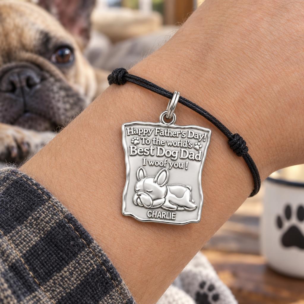 Best Dog Dad Charm Bracelet – Personalized Dog Dad Gift – worn on the wrist on a black cord bracelet