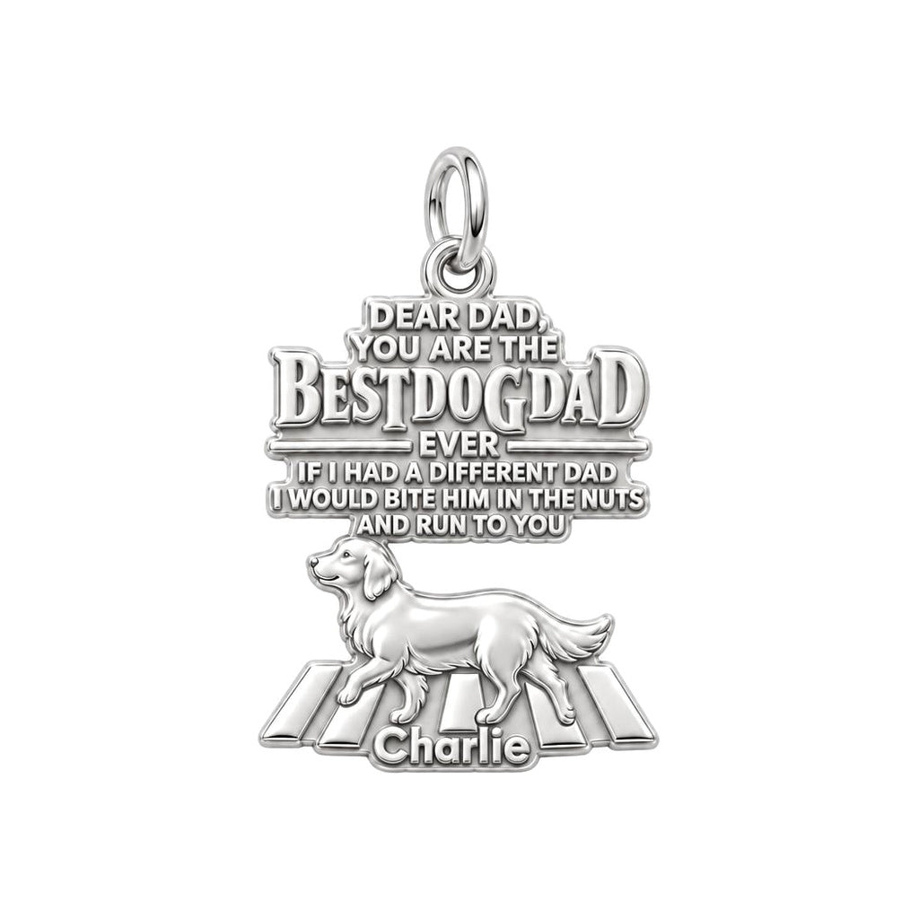 Best Dog Dad Humor Charm Bracelet – Personalized Dad Gift – silver plated 3 cm charm, front view