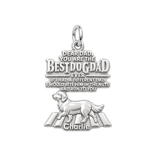 Best Dog Dad Humor Charm Bracelet – Personalized Dad Gift – silver plated 3 cm charm, front view