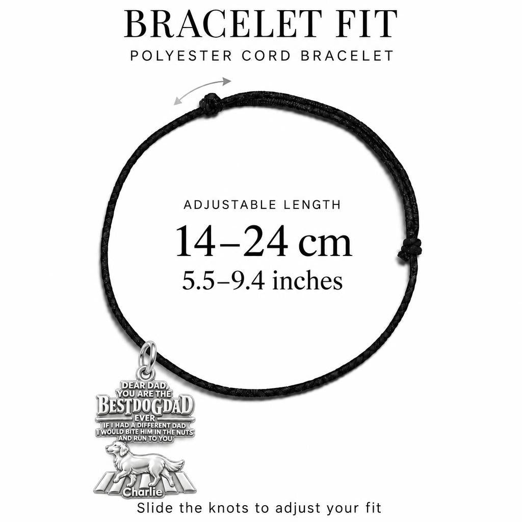 Best Dog Dad Humor Charm Bracelet – Personalized Dad Gift – adjustable black cord bracelet, 14–24 cm