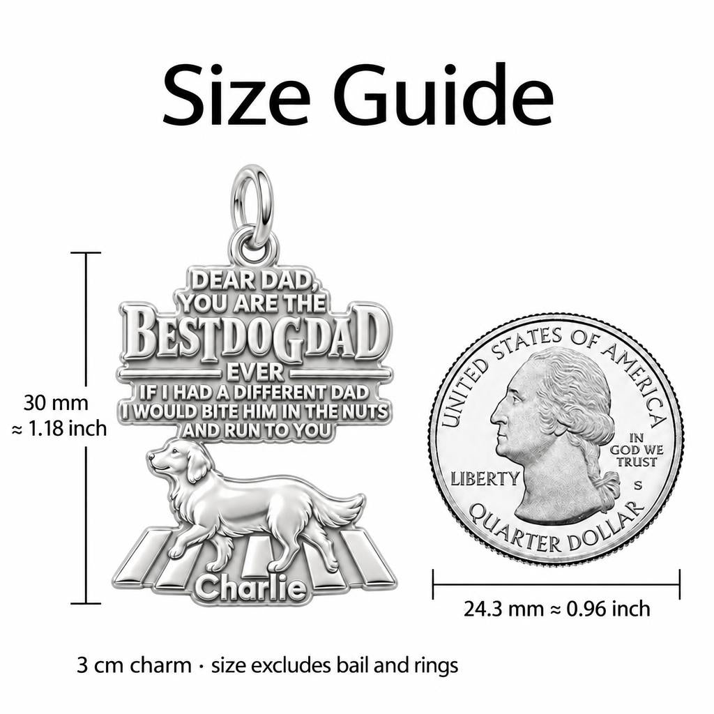 Best Dog Dad Humor Charm Bracelet – Personalized Dad Gift – size guide, 3 cm charm next to a quarter