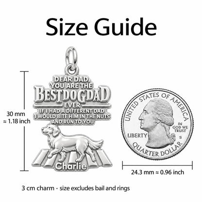 Best Dog Dad Humor Charm Bracelet – Personalized Dad Gift – size guide, 3 cm charm next to a quarter