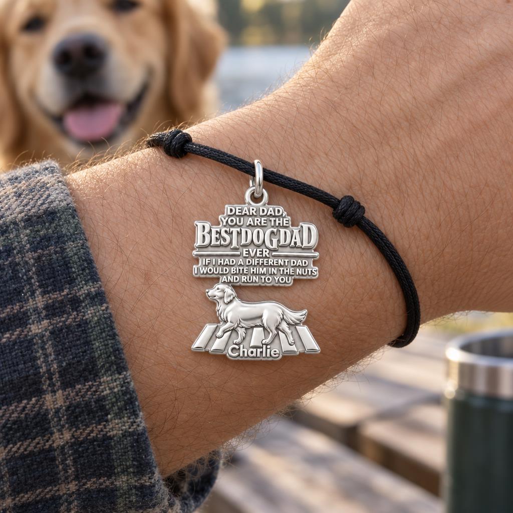 Best Dog Dad Humor Charm Bracelet – Personalized Dad Gift – worn on the wrist on a black cord bracelet