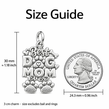 Best Dog Mom Ever Charm Bracelet – Personalized Dog Mom Gift – size guide, 3 cm charm next to a quarter