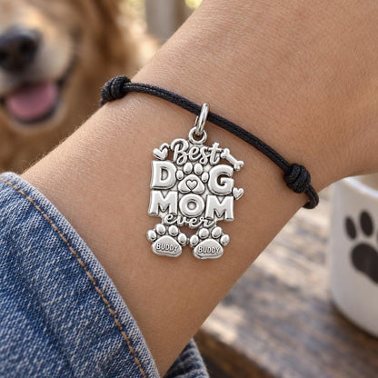 Best Dog Mom Ever Charm Bracelet – Personalized Dog Mom Gift – worn on the wrist on a black cord bracelet
